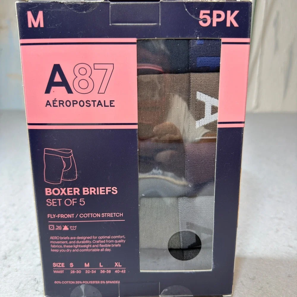 Aeropostale Boxer Briefs Mens Medium Multi 5PK New Cotton Stretch Fly-Front A87